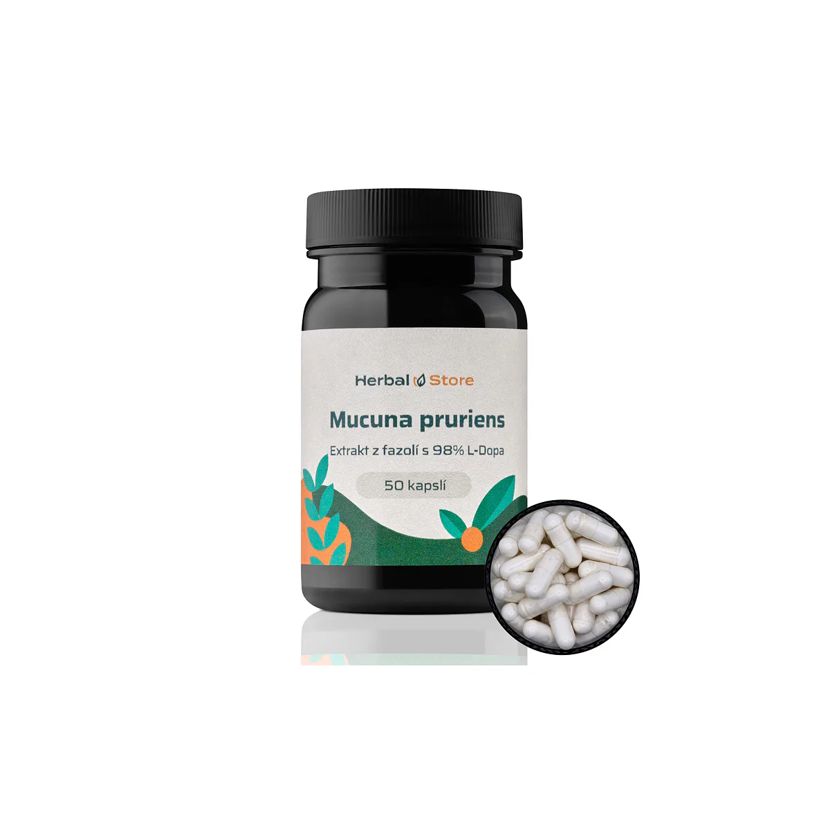 Herbal Store  Mucuna pruriens kapsle - extrakt z fazolí s 98% L-DOPA 50 kapslí